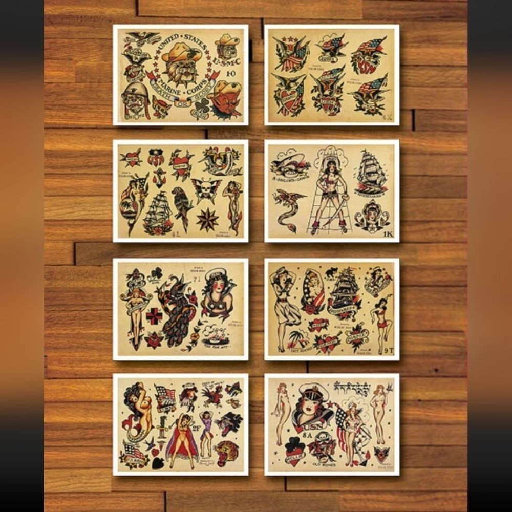 Set of 8 American Traditional Flash Sheet Prints, Size 8.5 x 11